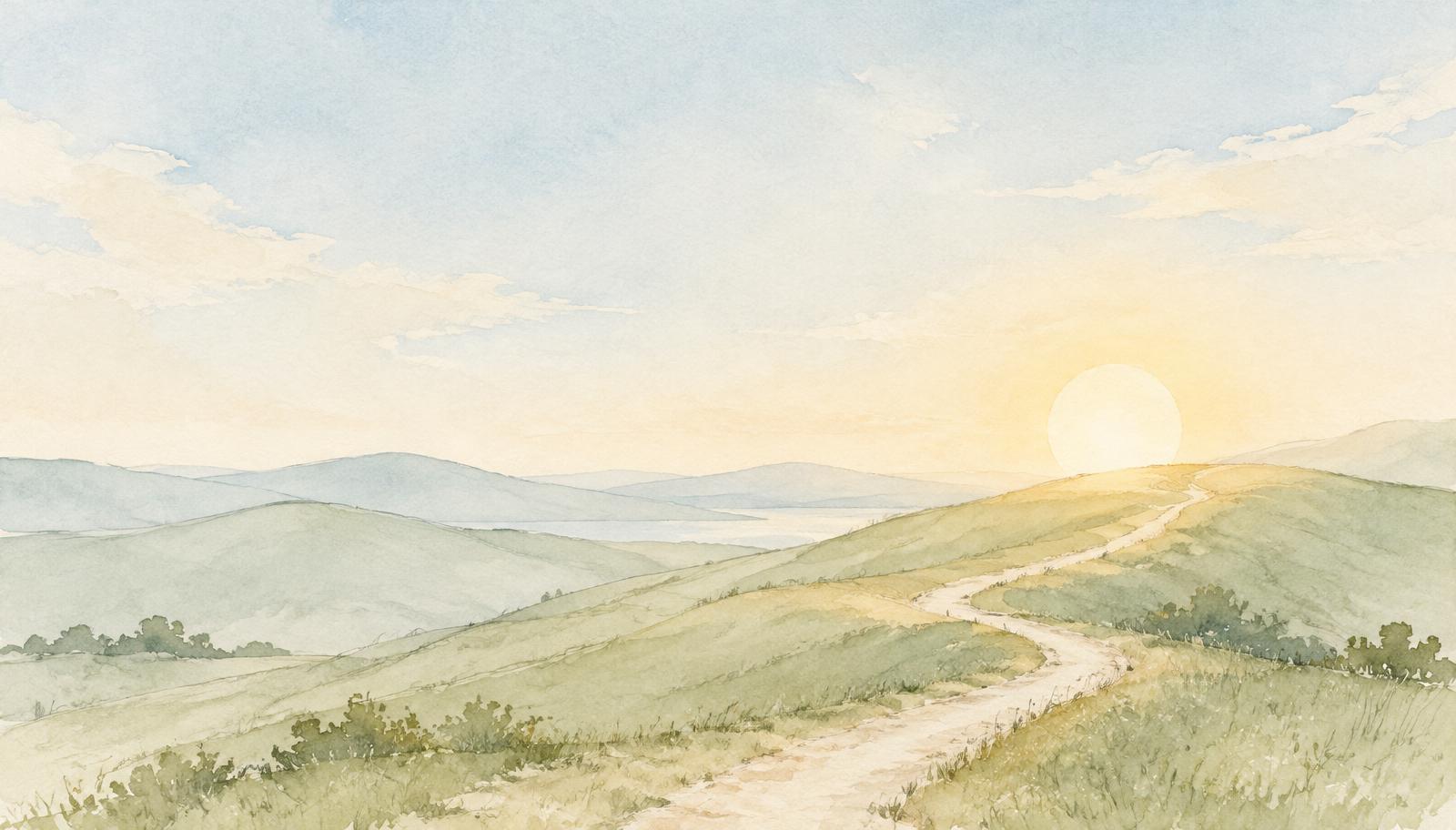 An open horizon at dawn with a path rising toward the sun
